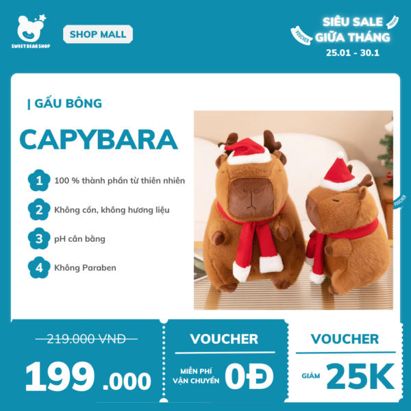 Gấu bông Capybara giáng sinh SweetBearShop 14cm - M02